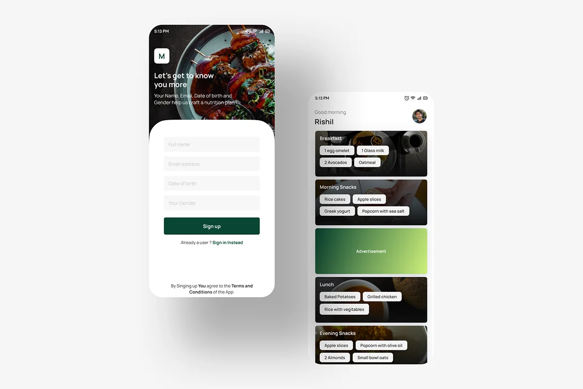 The Meal Mentor app screens showing sign-up and daily meal tracking